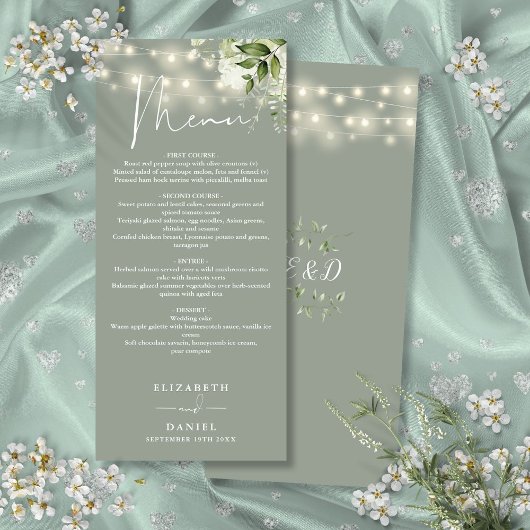 Sage Groene Bloemen String Lights Bruiloft Diner Menu
