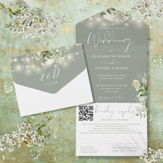 Sage Groene Bloemen String Lights QR Code Bruiloft All In One Uitnodiging
