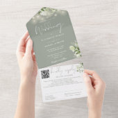 Sage Groene Bloemen String Lights QR Code Bruiloft All In One Uitnodiging (Afscheurbaar)