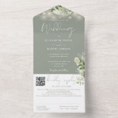 Sage Groene Bloemen String Lights QR Code Bruiloft All In One Uitnodiging (Binnen)