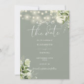 Sage Groene Bloemen String Lights QR Code Bruiloft Save The Date (Voorkant)