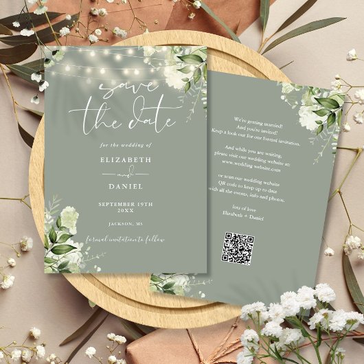 Sage Groene Bloemen String Lights QR Code Bruiloft Save The Date