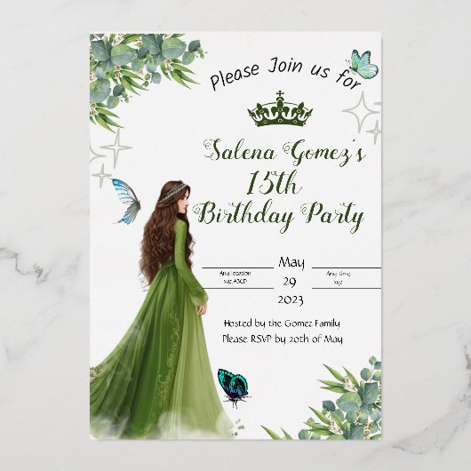 Sage Groene Bloemen Vlinder verjaardagsuitnodiging Folie Uitnodiging (Voorkant)