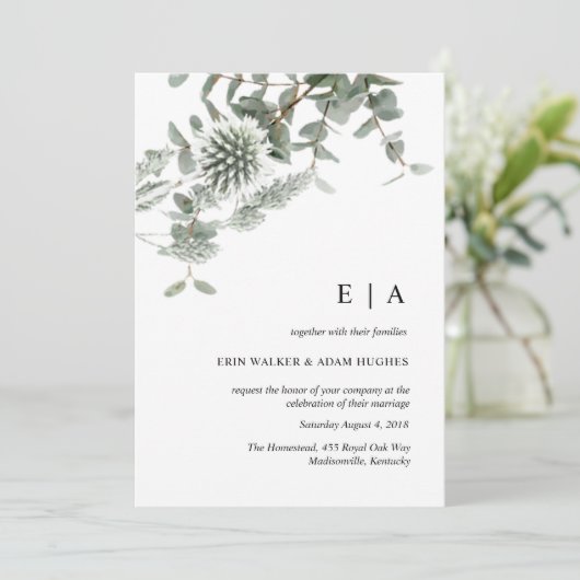 Sage groene bloemen waterverf bruiloft uitnodiging (Staand voorkant)