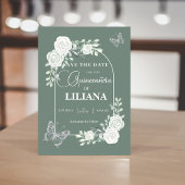 Sage Groene Bloemenboog en Vlinders Quinceañera Save The Date