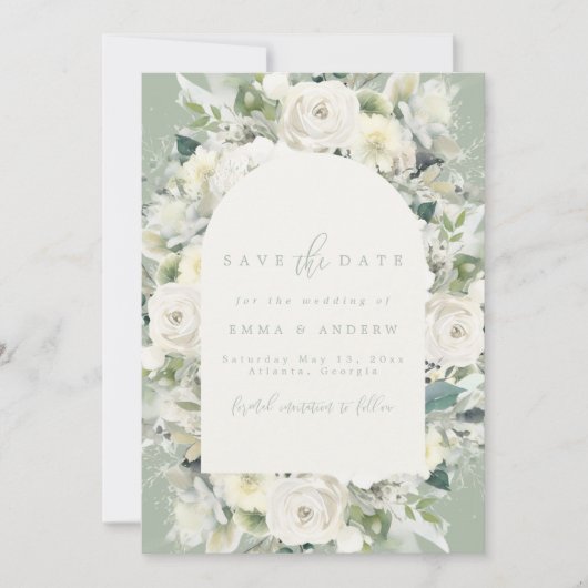 Sage Groene Bloemenboog Save The Date Kaart (Voorkant)