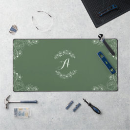 Sage Groene Bloemengrens Aangepaste Naam Desk Mat