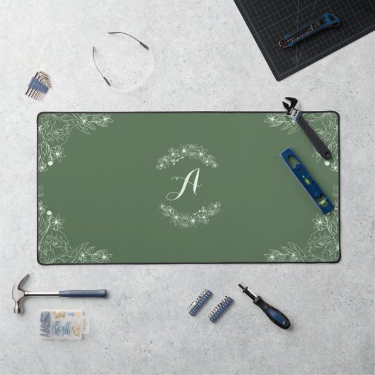 Sage Groene Bloemengrens Aangepaste Naam Desk Mat (Werkstation)