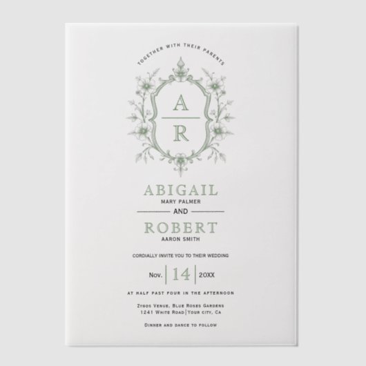 Sage groene bloemenkam monogram bruiloft vellum uitnodigingen (Voorkant)