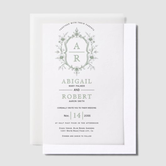 Sage groene bloemenkam monogram bruiloft vellum uitnodigingen (Offset)