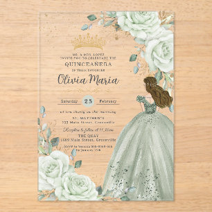 Sage groene bloemenkleed Prinses jurk Quinceañera Acryl Uitnodigingen
