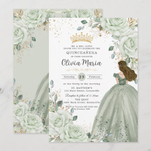 Sage groene bloemenkroon Prinses jurk Quinceañera Kaart