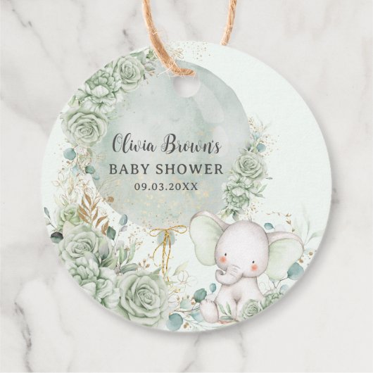 Sage Groene Bloemenolifant Baby shower Neutraal Bedankjes Labels (Achterkant)