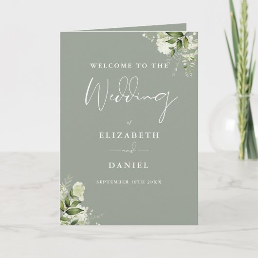Sage groene bloemige groen wedding programma (Voorkant)