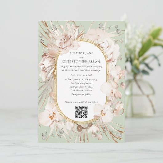 Sage Groene bloemtuin moderne QR code bruiloft Kaart (Staand voorkant)