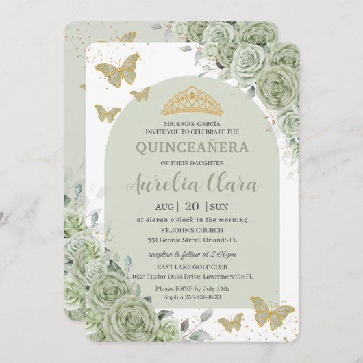 Sage Groene Bloemvlinders Arch Quinceanera Kaart (Voorkant / Achterkant)