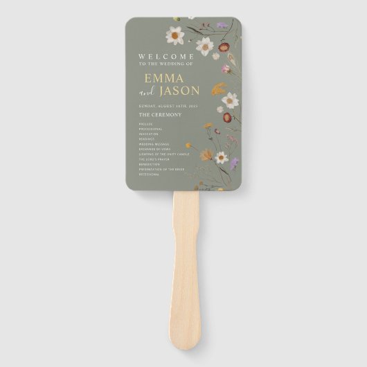 Sage Groene Boho Bloemen Huwelijksprogramma Hand F Handwaaier (Voorkant)