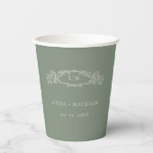 Sage Groene botanische kam monogram bruiloft Papieren Bekers (Voorkant)