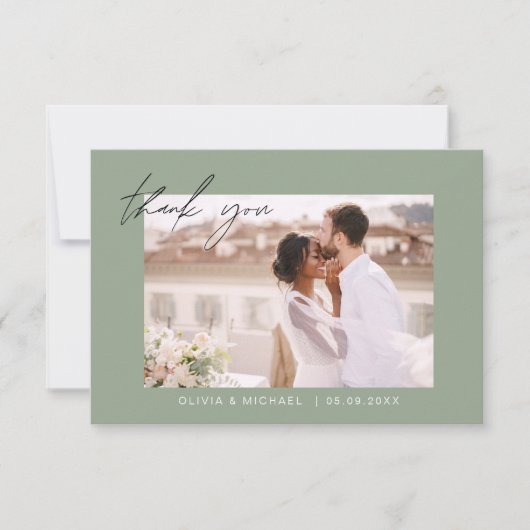 Sage Groene Bruiloft Dank u Foto Minimalist Bedankkaart (Voorkant)