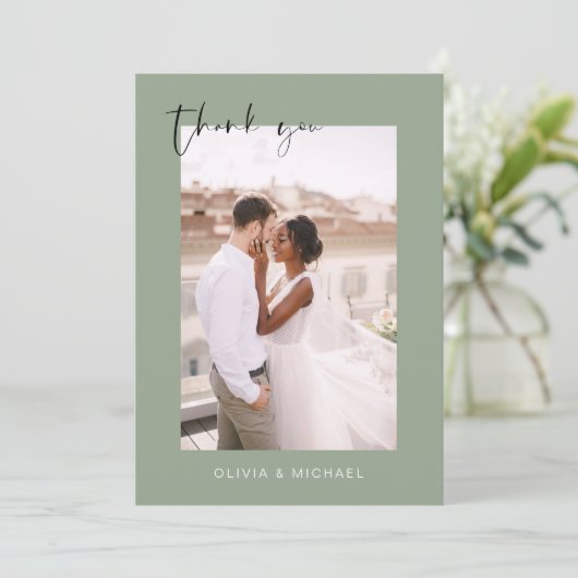 Sage Groene Bruiloft Dank u Foto Minimalist Bedankkaart (Staand voorkant)