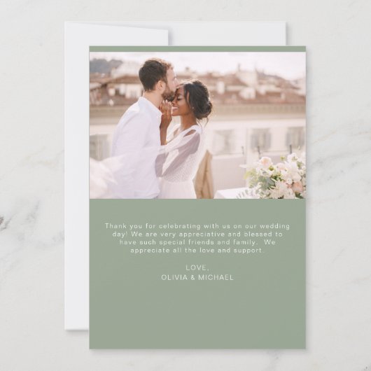 Sage Groene Bruiloft Dank u Foto Minimalist Bedankkaart (Achterkant)