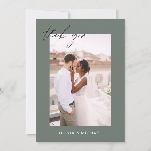 Sage Groene Bruiloft Dank u Foto Minimalist Bedankkaart (Voorkant)