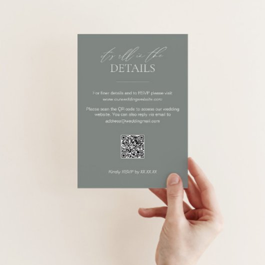 Sage Groene Bruiloft Details Kaart met QR Code