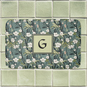 Sage groene chinoiserie bloem witte initiaal  badmat