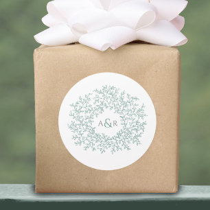Sage groene cirkel van bladeren monogram bruiloft ronde sticker