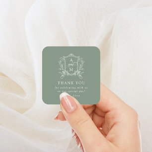 Sage Groene Crest Bruiloft Dank u Vierkante Sticker