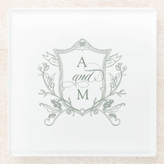 Sage Groene Crest Bruiloft Glazen Onderzetter (Voorkant)