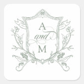 Sage Groene  Crest Bruiloft Vierkante Sticker (Voorkant)
