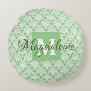 Sage Groene  Damast Monogram & Naam Rond Kussen