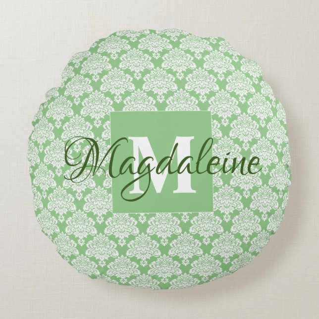 Sage Groene  Damast Monogram & Naam Rond Kussen (Voorkant)
