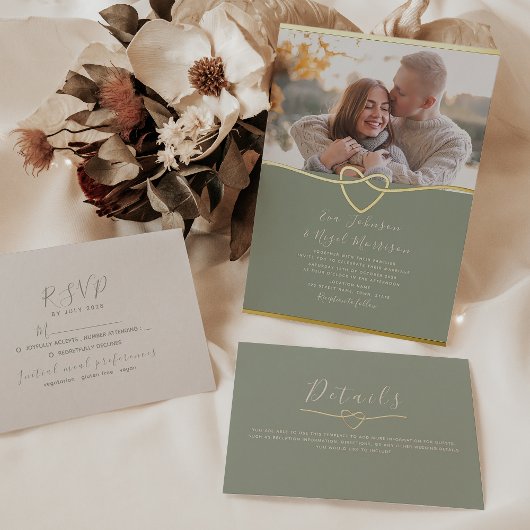Sage Groene en Gouden Huwelijk Folie Uitnodiging