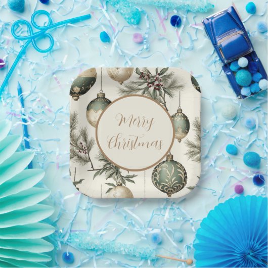 Sage Groene en Gouden Kerst Ornamenten Papieren Bordje (Feest)