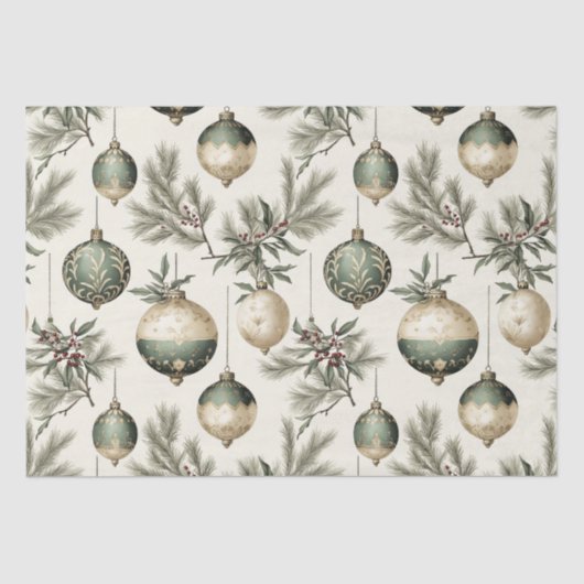 Sage Groene en Gouden Kerst Ornamenten Tissuepapier (Voorkant)
