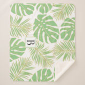 Sage groene en goudtropische bladeren en monogram sherpa deken (Voorkant)