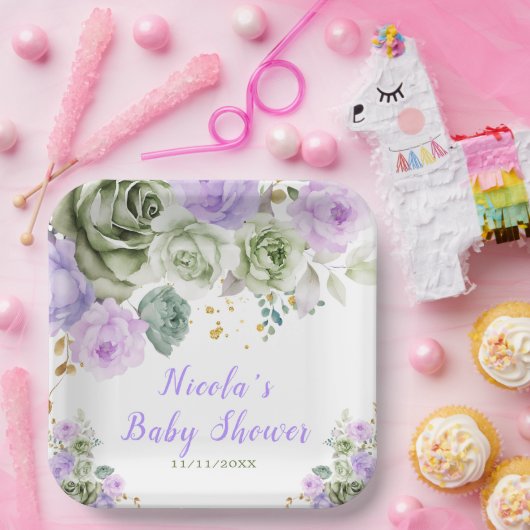 Sage Groene en Paarse Bloemen Baby shower Papieren Bordje (Feest)