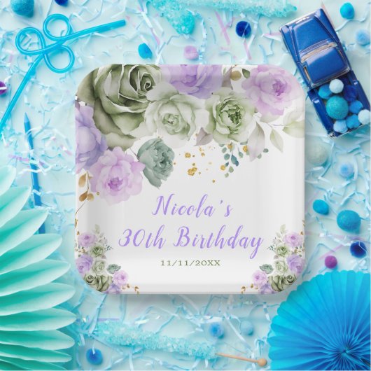 Sage Groene en Paarse Bloemen Verjaardag Papieren Bordje (Feest)