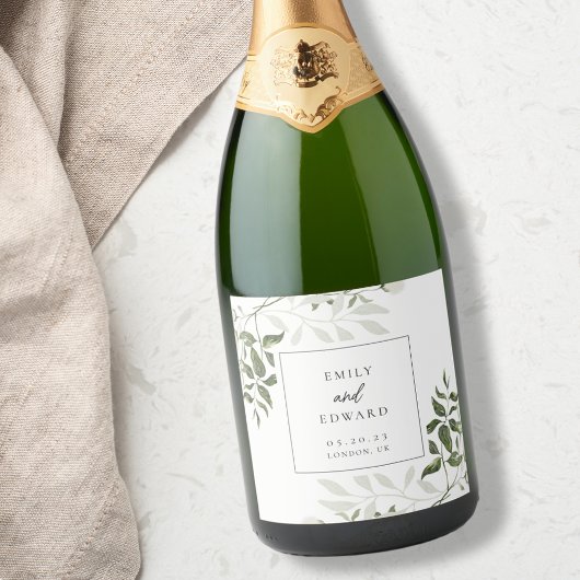 Sage Groene en Witte Bloemen Bruiloft Wijnfles Sparkling Wijnetiket