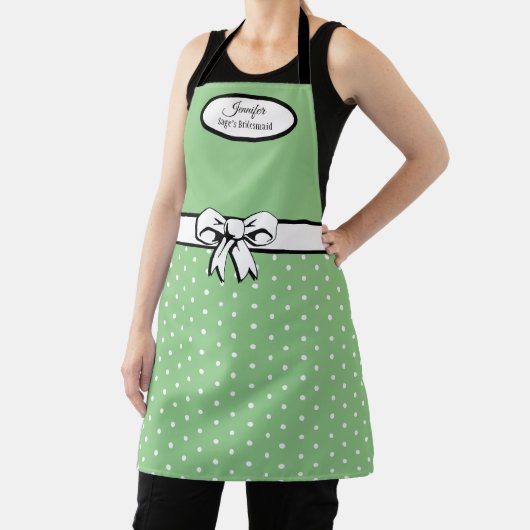 Sage Groene en Witte Polka Dots, Bow Gepersonalise Schort (Insitu)