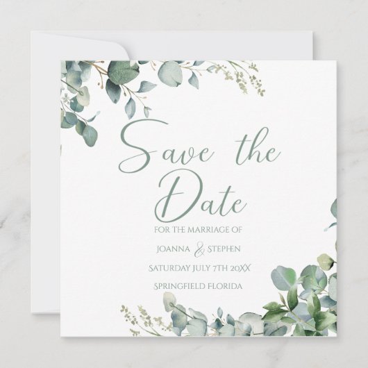 Sage groene eucalyptus minimalist sparen de datum kaart (Voorkant)
