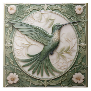 Sage groene faux relief Art Nouveau Hummingbird R Tegeltje