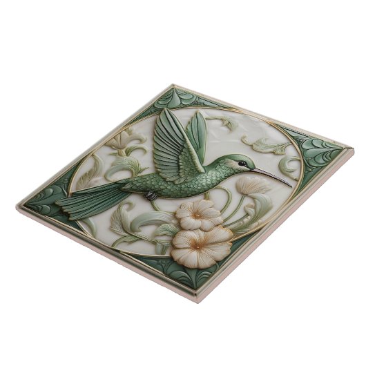 Sage groene faux relief Art Nouveau Hummingbird Tegeltje (Zijkant)