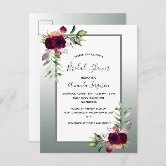 Sage groene floralen Bridal Shower-uitnodiging Briefkaart (Voorkant / Achterkant)