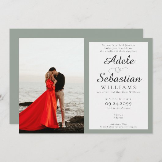 Sage Groene Foto Elegant Monogram Formele Bruiloft Kaart (Voorkant / Achterkant)