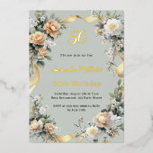 Sage groene gele bloemen goud luxe verjaardag folie uitnodiging (Voorkant)