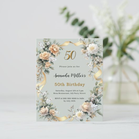 Sage groene gele bloemen goud verjaardag uitnodigi (Staand voorkant)