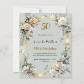 Sage groene gele bloemen goud verjaardag uitnodigi (Voorkant)